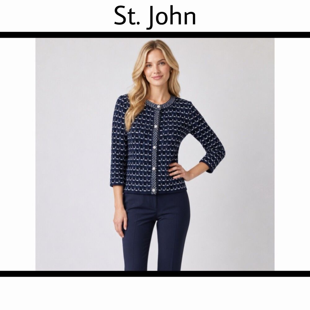 St. John Textured Ribbon Knit Luxury Jacket Cardigan 3/4 Sleeve Navy White (M?)